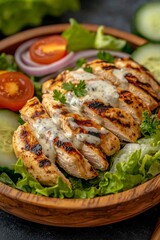 Sliced grilled chicken breast over fresh salad with creamy dressing