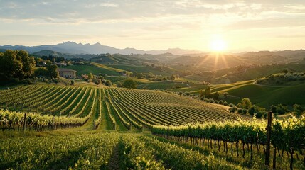 Fototapeta premium Sunset over rolling vineyard hills in Italy; idyllic rural landscape for wine tourism brochures