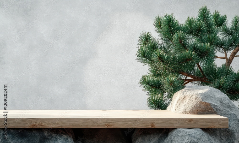 Poster minimalist wooden table with pine tree and stone in soft diffused daylight