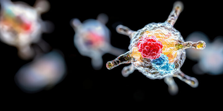 Glowing T cells attacking cancer cells in vibrant, microscopic view