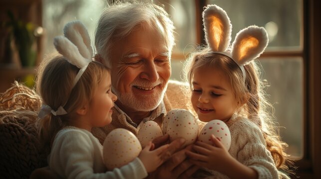Portrait of happy Caucasian grandfather and his little granddaughters in bunny ears headbands holding Easter eggs, concept children and Easter holiday, family traditions