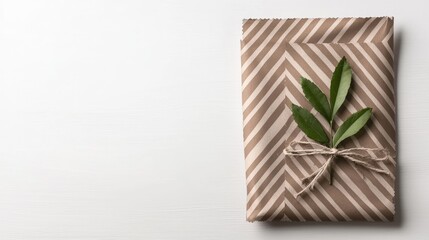 Gift wrapped in brown geometric paper, sprig, white background; ideal for holidays or special occasions