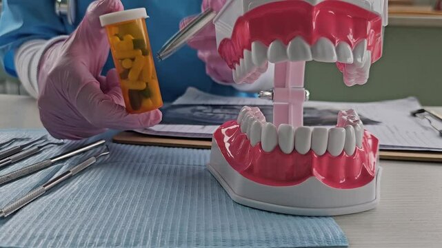 Dentist holding a tooth model and pills in clinic. Vitamins and medicines for teeth 