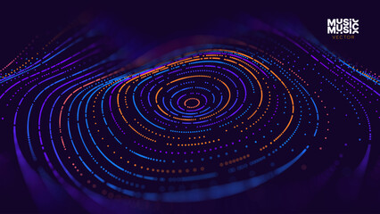 Abstract Digital Technology. Circles Data Flow. Futuristic Circular Sound Wave. Big Data Visualization. 3D Virtual Space VR Cyberspace. Crypto Currency Blockchain Concept. Vector Illustration.