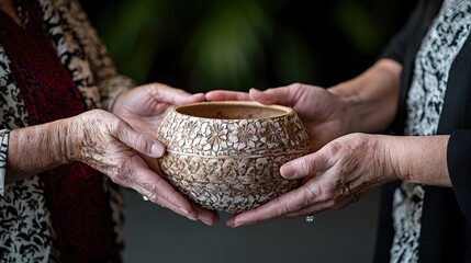 A close-up shot of hands from different educators engaged in a collaborative activity, showcasing various cultural objects and resources being shared among them, symbolizing the essence of