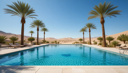 Fototapeta premium Desert Oasis: Tranquil Poolside Retreat with Panoramic Sand Dune Views