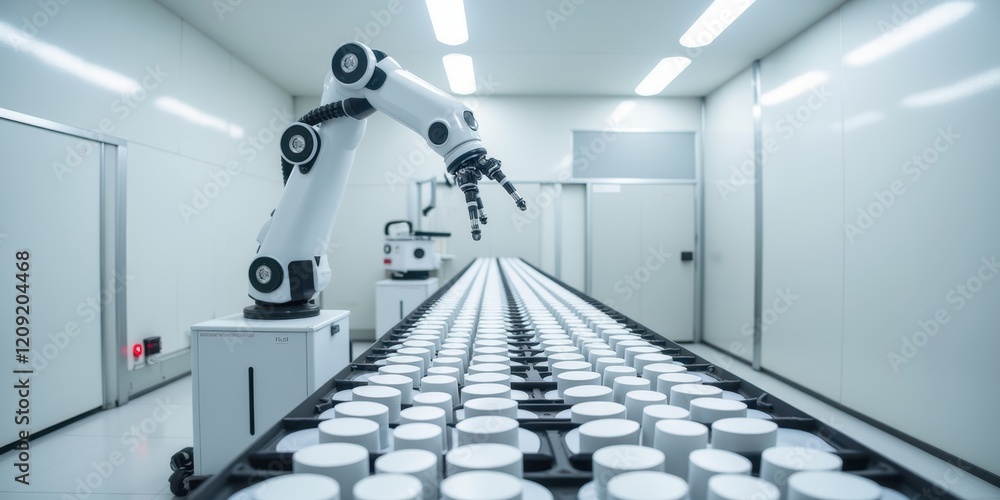 Aufkleber advanced pharmaceutical automation: robotic arm in modern production facility handling containers wi