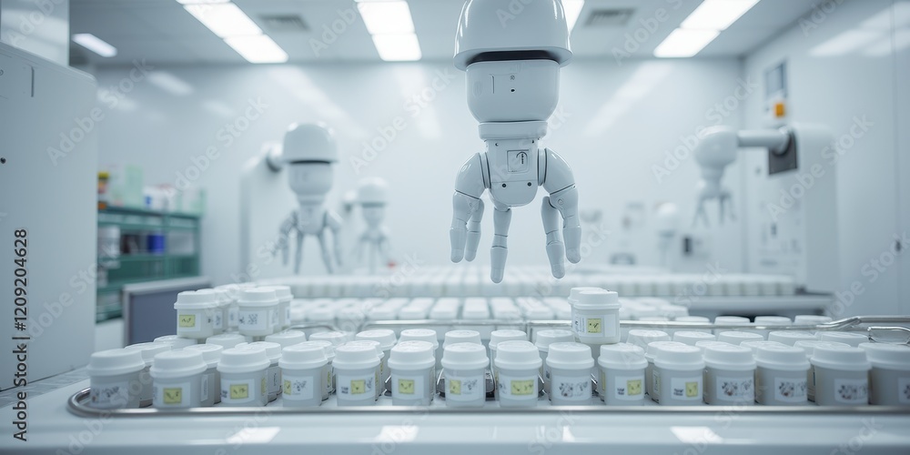 Aufkleber advanced automation in pharmaceutical production with robots handling medicine bottles in a modern l