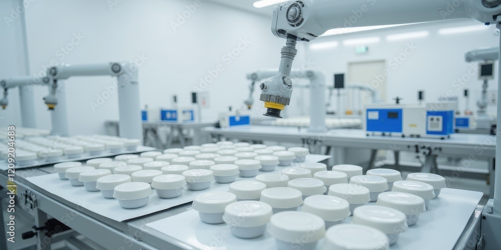 Poster advanced automation technology in pharmaceutical manufacturing with robotic arms and precision tools
