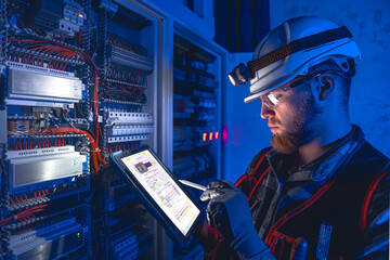 Electrician in overalls, focused on work in switchboard with fuses, using tablet.