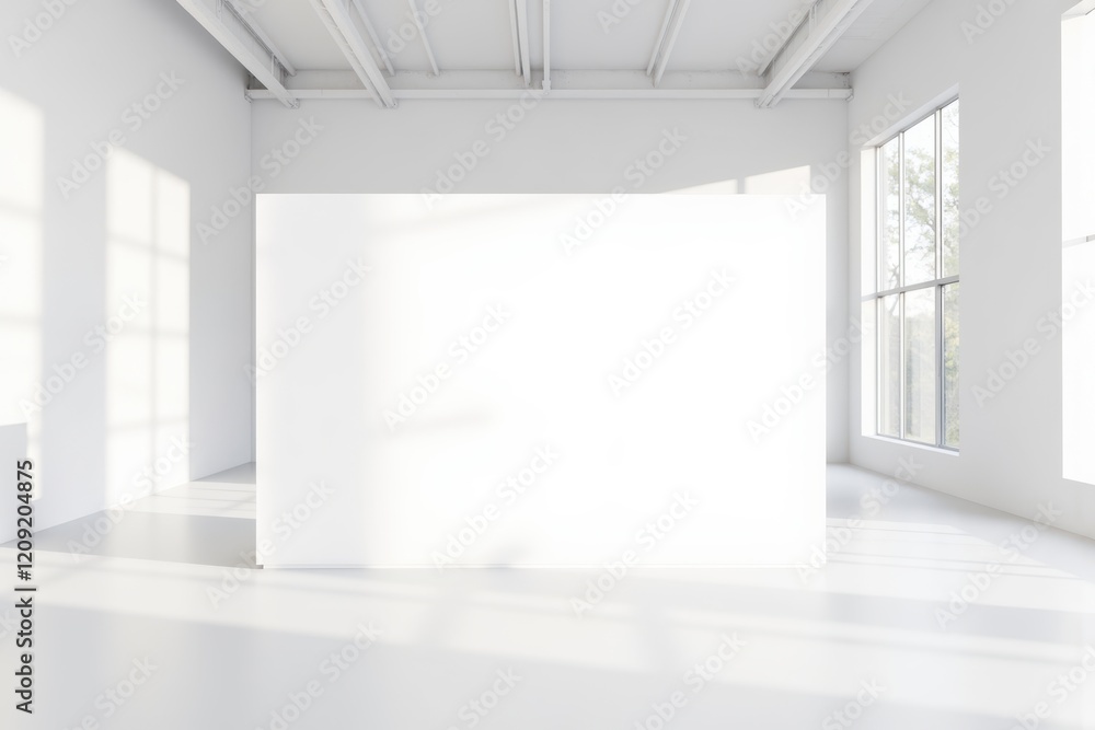 Poster bright and spacious white studio with natural light illuminating a large empty billboard space for c