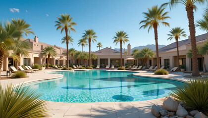 Fototapeta premium Desert Oasis: Tranquil Poolside Retreat with Panoramic Sand Dune Views