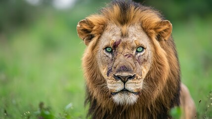 Majestic lion with striking features roaming in a lush green landscape.