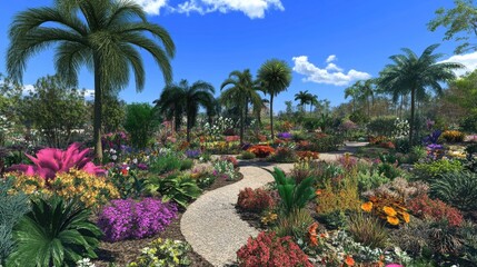 Fototapeta premium Tropical garden path, vibrant flowers, sunny sky, landscaping design