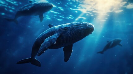 Majestic whales swimming gracefully under the ocean's surface with beams of sunlight.