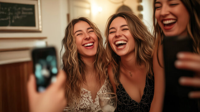 A group of women laughing and taking selfies together at a Galentine Day party, capturing fun and memorable moments.