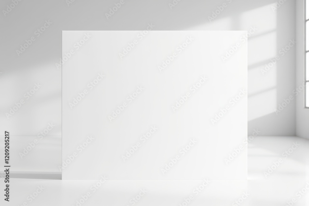 Poster minimalistic blank white billboard in a bright studio setting with natural light filtering through w