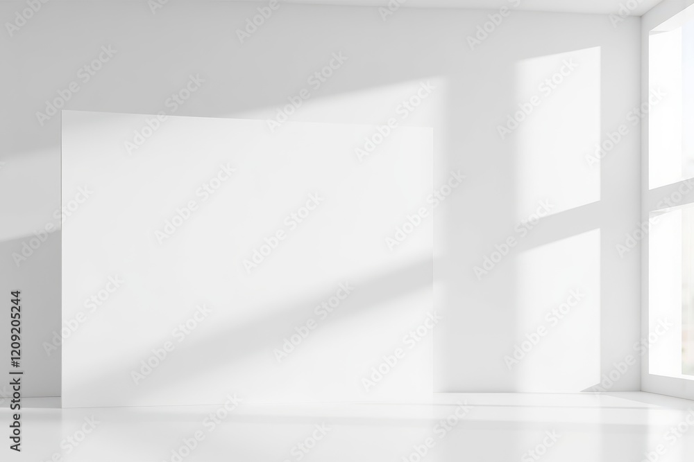 Poster spacious white studio with bright light and large empty billboard for creative display and design pr
