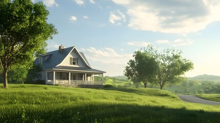 Obraz premium White Farmhouse on Rolling Green Hillside