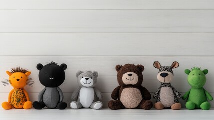A charming lineup of colorful plush toys, perfect for children's playtime and decor.