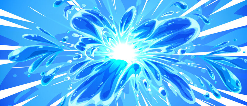 Anime water splash background. Vector cartoon illustration of blue paint explosion, comic style liquid blast with drops burst effect, swimming pool fun, sea or ocean wave spread, aquarium show banner