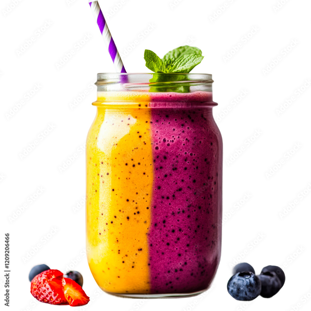 Poster refreshing dual-layer smoothie served in a jar with berries and mint garnish isolated on transparent