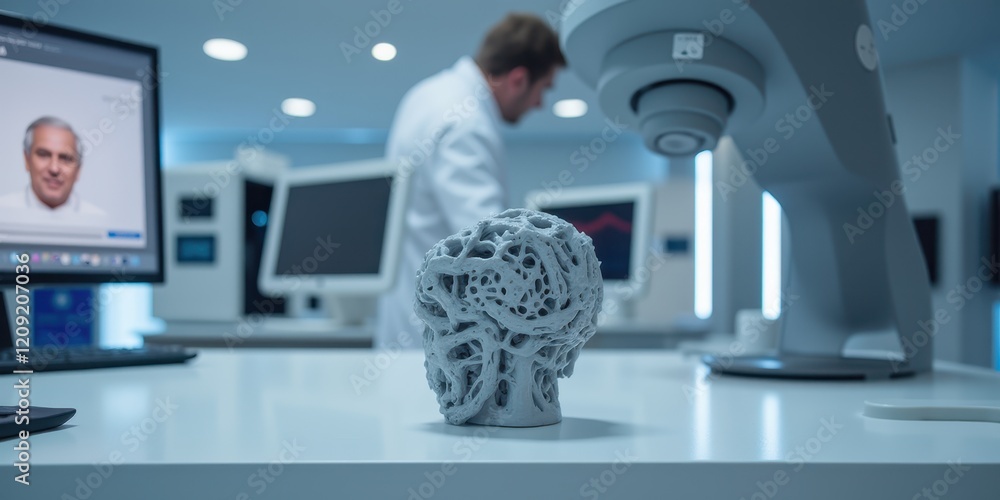 Poster detailed 3d render of a brain model on laboratory table with researcher interacting with medical tec