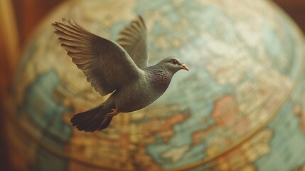 Obraz premium Majestic Bird Soaring Gracefully Above a Vibrant Globe Symbolizing Freedom and Global Connectivity