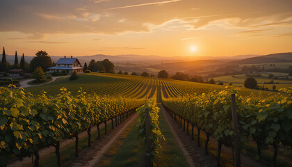 Naklejka premium Golden Hour Serenity: Vineyard Estate Bathed in Sunset Glow