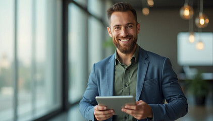 portrait of a smiling businessman in casual suit standing in a bright office next to a window using a tablet