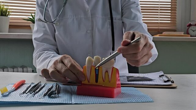 Artificial tooth roots dental implant into jaw, Root canal model for dentist.