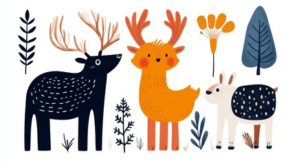 Whimsical Forest Animals with Trees and Flora in Bright Colors