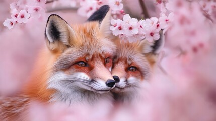Obraz premium Two foxes surrounded by beautiful cherry blossoms in a serene setting.