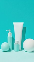 Minimalist skincare products on turquoise background
