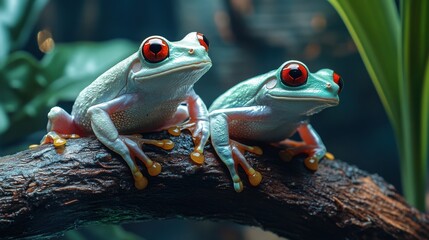 Fototapeta premium Two vibrant red-eyed tree frogs perched on a branch in a lush environment.