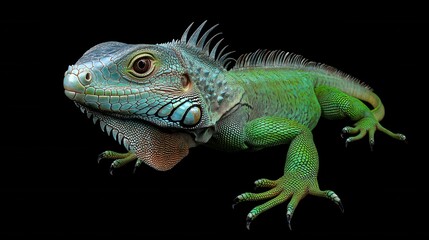 Naklejka premium Vibrant and colorful iguana showcasing unique textures and vivid colors on black background.