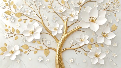 Floral tree background with white flower leaves and golden stem 3d wallpaper