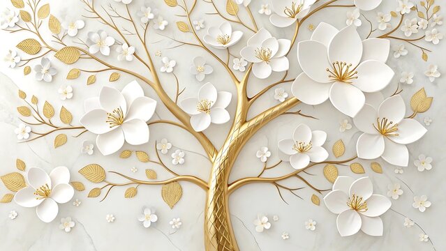 Fototapeta Floral tree background with white flower leaves and golden stem 3d wallpaper