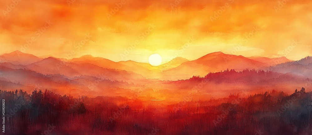 Poster watercolor sunset background in orange yellow with distressed grunge border soft textured hazy autum