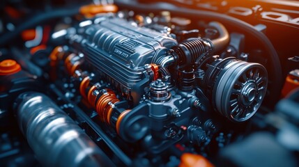 Close-Up of Modern Car Engine with Orange Accents
