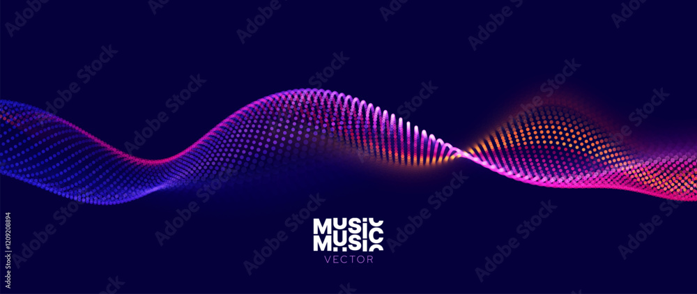 Poster Abstract Digital EQ Equalizer Music 3D Particles Bokeh Visualization. Sound Wave Design Element. Modern Dynamic Particles Colored Background Design for Music, Sport, Science Events Banners. Vector.