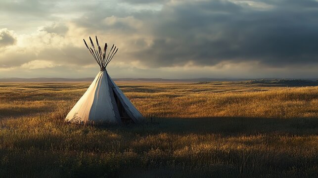 Lone teepee on vast prairie at sunset, dramatic sky.