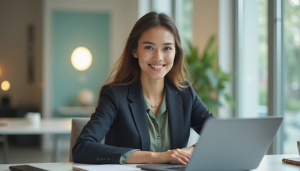 Mid Shot of a Confident Asian Businesswoman Working at a Bright, Modern Office Desk