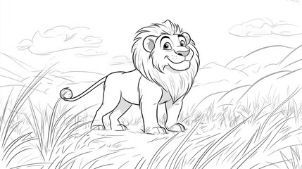 Simple coloring page for kids, lion stands in grassland, cartoon style,black and white.