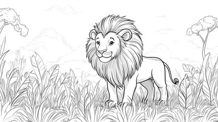 Simple coloring page for kids, lion stands in grassland, cartoon style,black and white.