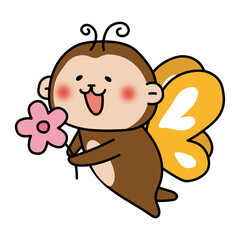 蝶々の格好をしてお花を運んでいる猿