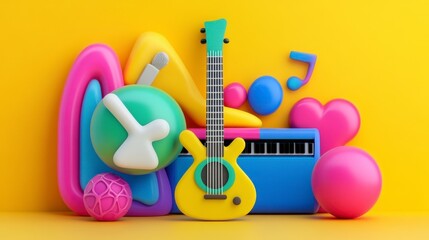 Colorful Musical Instruments and Shapes on a Bright Yellow Background