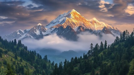 Majestic snow-capped mountain at sunrise with misty valley