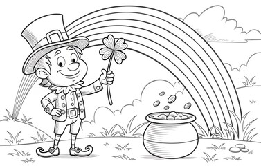 A black-and-white coloring page featuring a smiling leprechaun with a shamrock and a pot of gold under a rainbow. Great for St. Patrick's Day activities for kids.