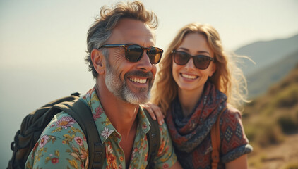 Portrait of a Man in Floral Shirt and Sunglasses with her wife 